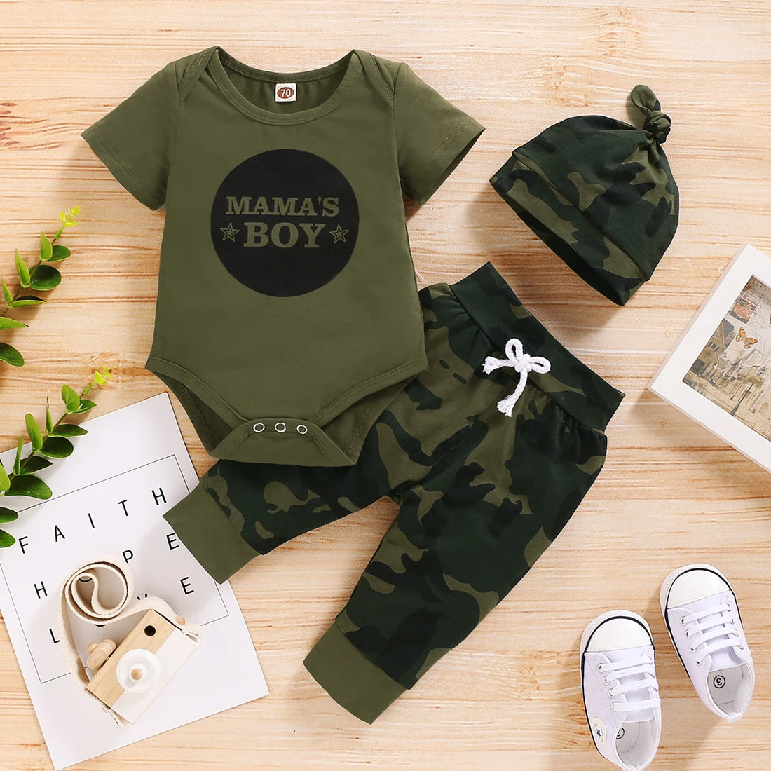 3 in 1 Camouflage Short Sleeve Baby Boy Clothes Set