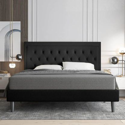 Upholstered Wooden Slat Platform Bed Frame (Assorted Sizes and Colors)