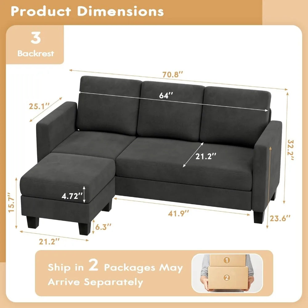 Upholstered 3 Seat L-Shaped Sofa With Linen Fabric and Movable Ottoman (Assorted Colors)